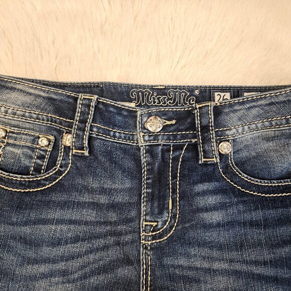 Miss Me Women's Blue Embroidery Distressed Mid Rise Ankle Skinny Jeans Size 26 - Picture 8 of 12